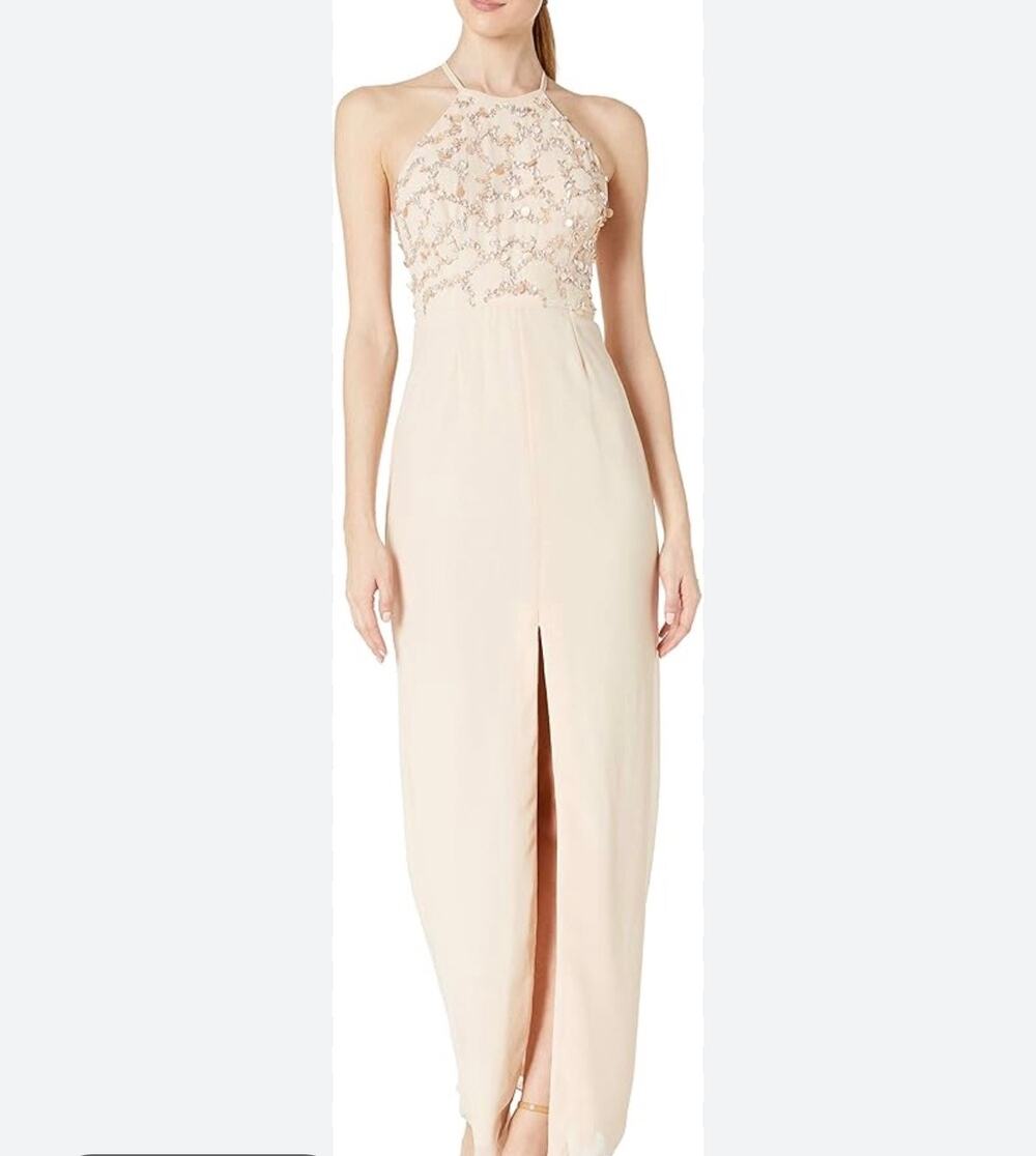 NWT Aiden Mattox Blush Pink Beaded Halter Column Gown Sz 0